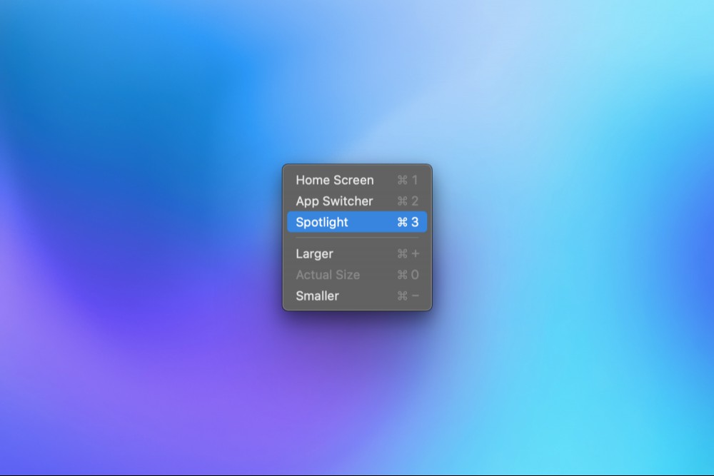 A drop-down menu showing the keyboard shortcuts for iPhone Mirroring.