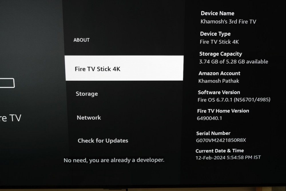Fire TV Stick telling the user that the developer mode is enabled.