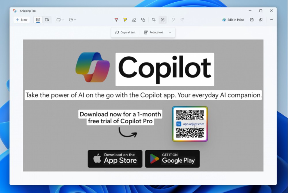 A screenshot of Windows 11's Snipping Tool and its QR code scanning feature.
