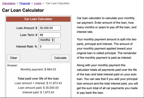 The car loan tool, which lets you fill in amount, term, and interest in order to see the cost of a car loan