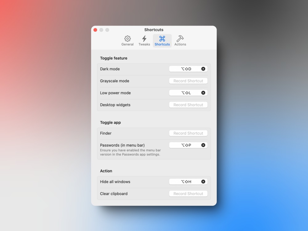 Keyboard shortcuts and mapping in Supercharge app for Mac.