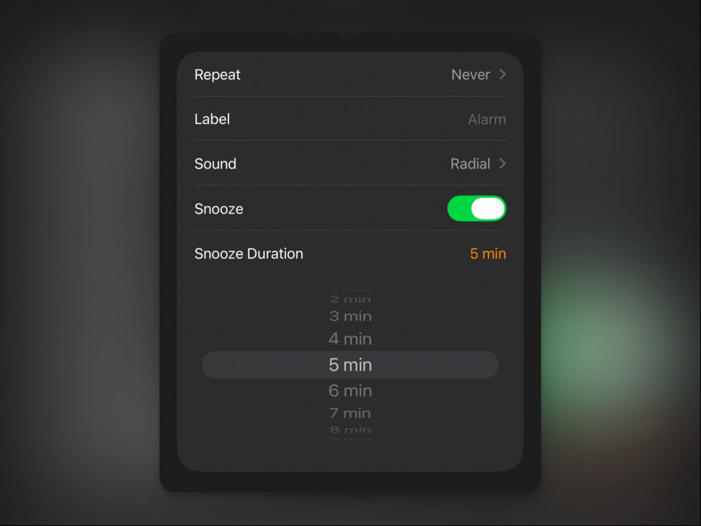 Snooze duration in iOS 26.