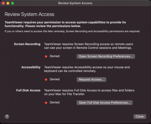 The security permissions screen for TeamViewer.