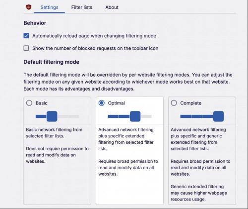 A screenshot of the settings for uBlock Origin including fitler levels, whether to reload the page after changing said levesl, and whether the number of blocked requests should show up on the icon.