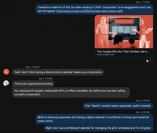 A chat conversation with friends discussing buying a Hearth Display