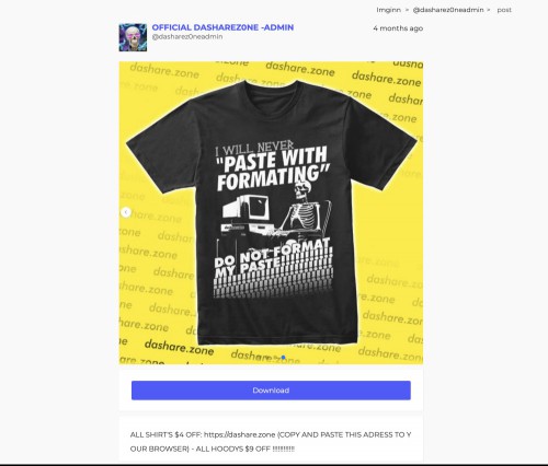 An image of a t-shirt that says "I will never paste with formatting do not format my paste"complete with a download button.