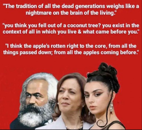 Meme connecting Marx, Harris, and Charli XCX