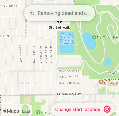 A map showing a random part of Portland I scrolled to. The text"removing dead ends" shows up in a bubble.
