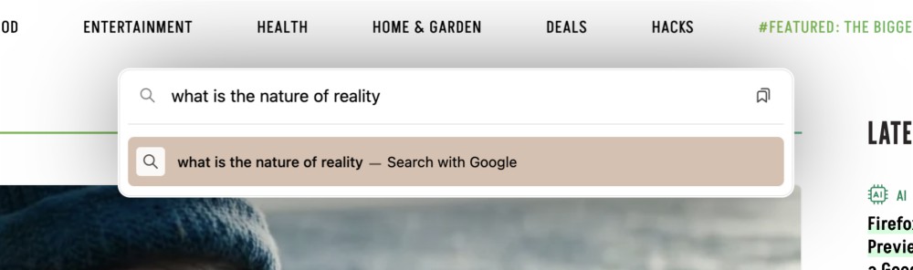 The command bar overlay showing a search for "what is the nature of reality"