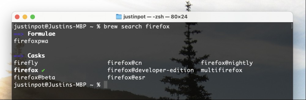 A screenshot of a Mac Terminal. The user has searched for "firefox" and sees a few results, one of which is the famous web browser