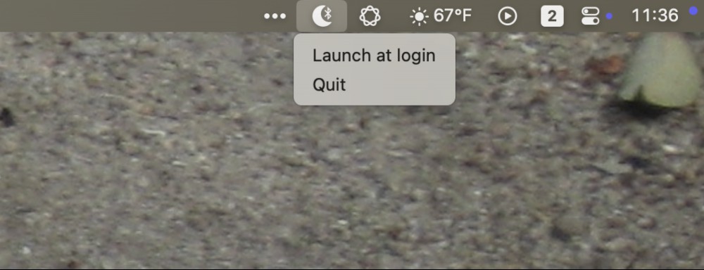 The menu bar icon for Bluesleep, which is a moon with a bluetooth icon in the cresent. The options in the menu bar iare "Launch at Login" and "Quit".