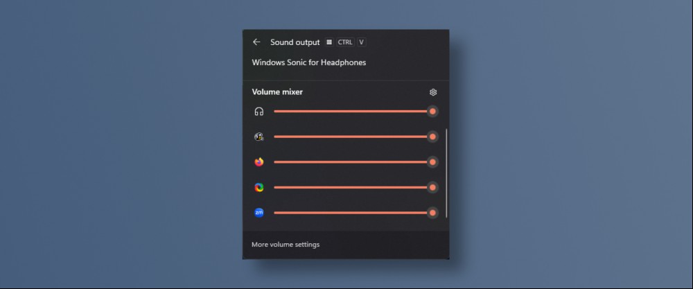 Windows 11's volume mixer, open above the taskbar in a small window. The keyboard shortcut Windows-Ctrl-V is mentioned in this window.