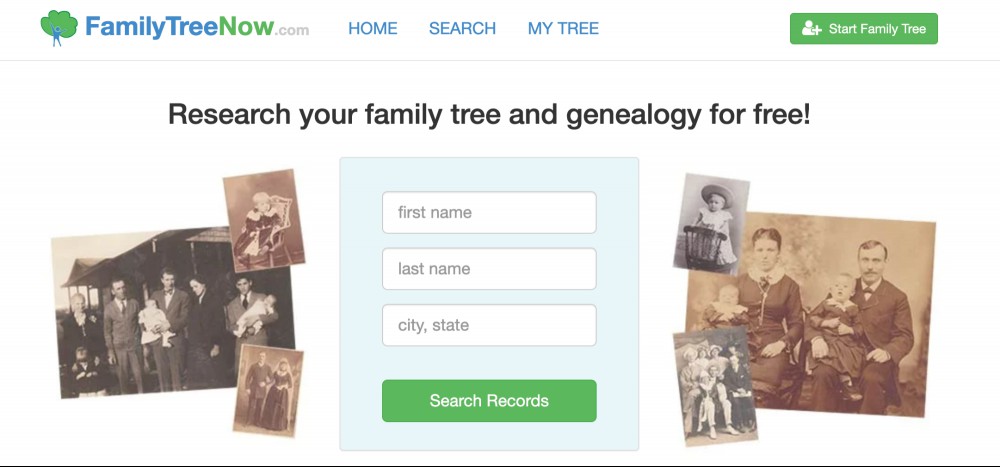 A screenshot of the FamilyTreeNow.com homepage