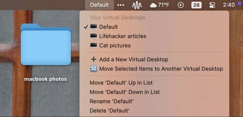 The menu bar icon offers three different desktops: Default, Lifehacker articles, and Cat pictures.