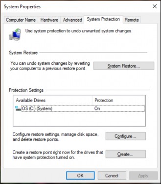 A screenshot showing how to create a System Restore Point in Windows 10.