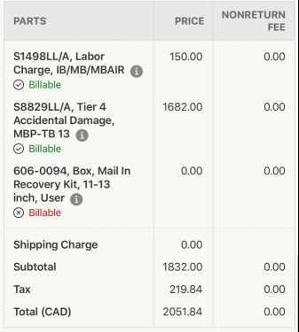 Tully's estimated repairs bill from Apple.