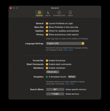 The ProNotes settings menu.