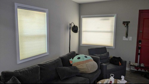 How my living room looks with the light filtering blinds all the way down.