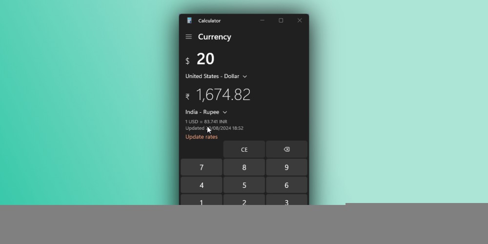 The currency conversion mode in Windows 11's Calculator app.