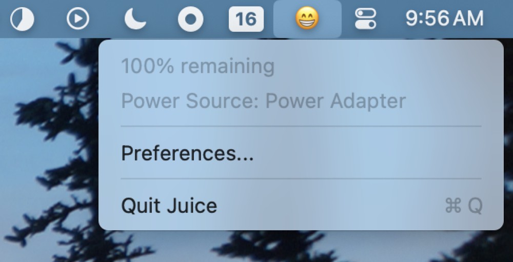 A Mac menu bar with a happy emoji. Clicking it shows that my battery is fully charged.