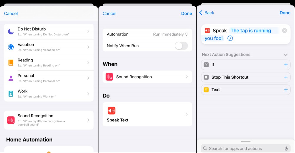 Three screenshots showing how to find the Sound Recognition section in Apple Shortcuts. There's a shortcut that says "The tap is running you fool" every time the iPhone hears running water. 