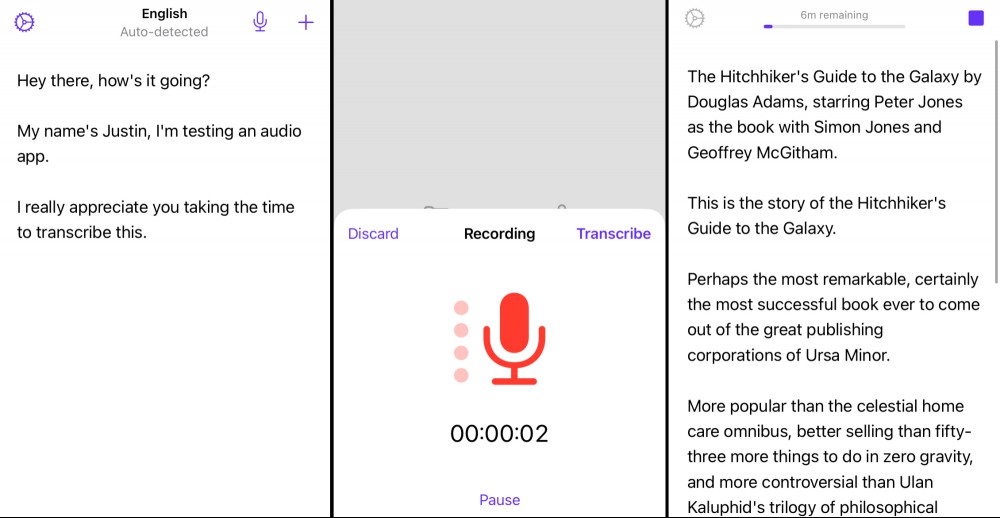 Three screenshots from the iPhone version of Aiko. The left shows a quick transcription; the center, the recording feature, which isn't much more than a microphone icon; the third, a transcription of the first episode of the classic Douglas Adams radio play "The Hitchhicker's Guide to the Galaxy" (the book was based on the play)