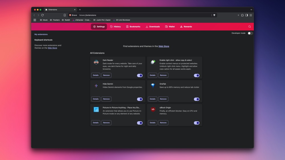 The extensions page in Brave browser on a Mac.