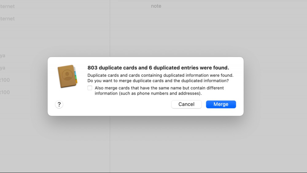 Merge duplicate entries in the address book using the Contacts app on Mac.