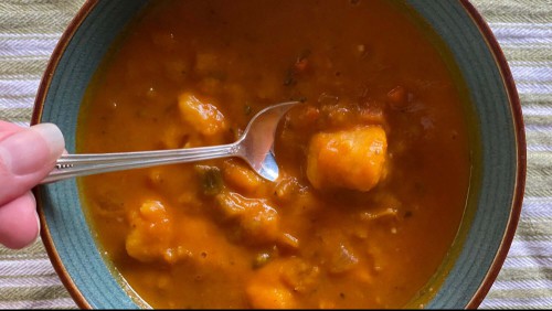 Soup made with Trader Joe's Autumnal Harvest Soup and Sweet Potato Gnocchi