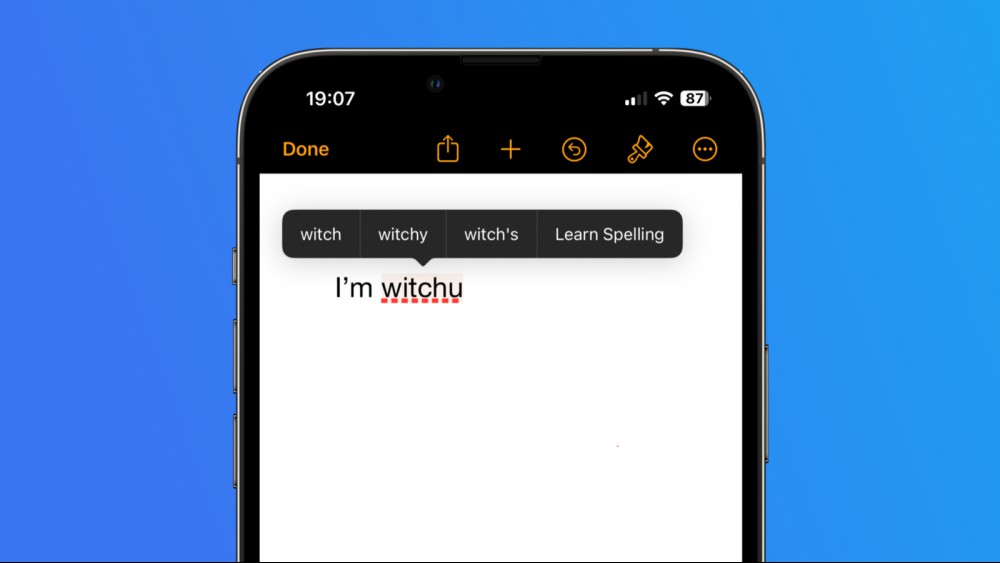 A screenshot of predictive text suggestions on the iPhone in the Pages app, which shows the Learn Spelling feature