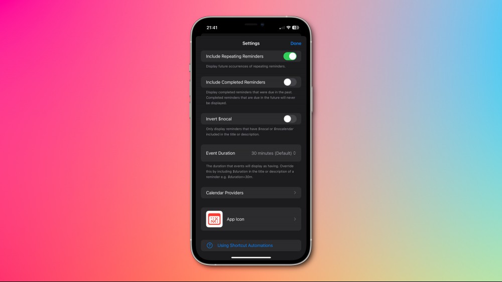 A screenshot of ReminderCal's settings on an iPhone.