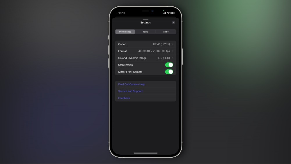 The settings page in the Final Cut Camera app for iPhone.