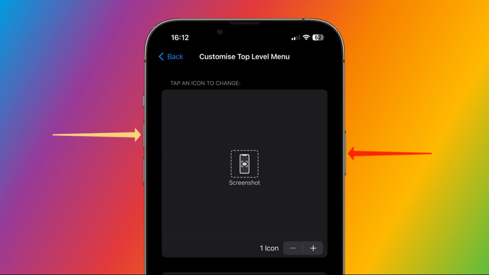 An iPhone against a rainbow background, with two arrows pointing to the side button and the volume up button respectively.