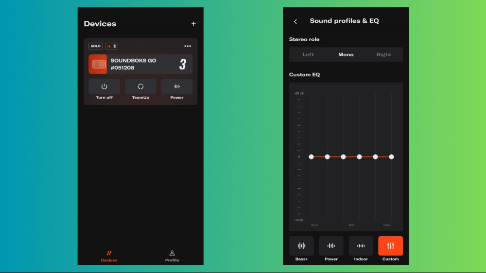 The Soundboks app menu and EQ tab.