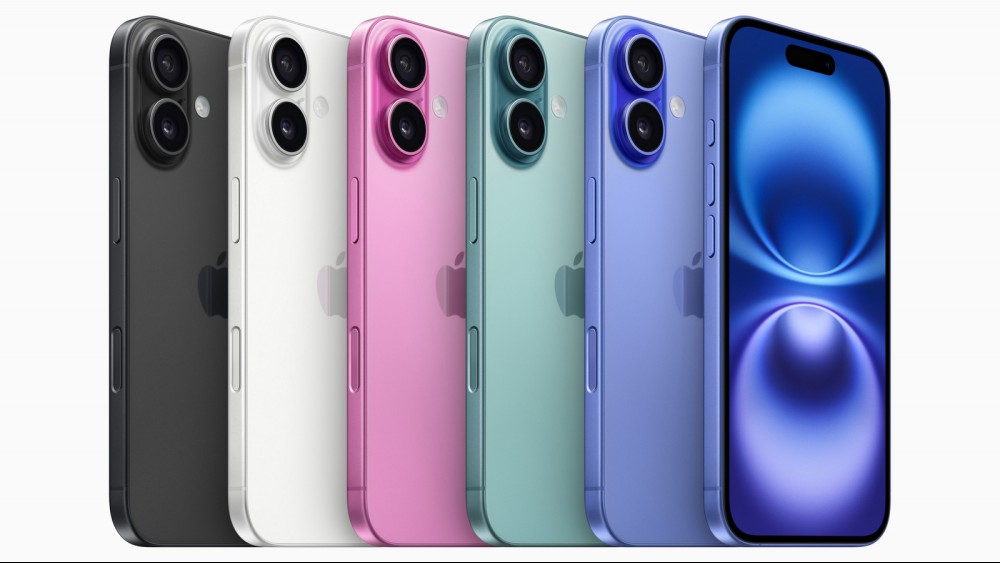 Five color variants of the iPhone 16.