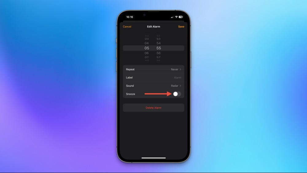 Disabling the Snooze button from an iPhone alarm.