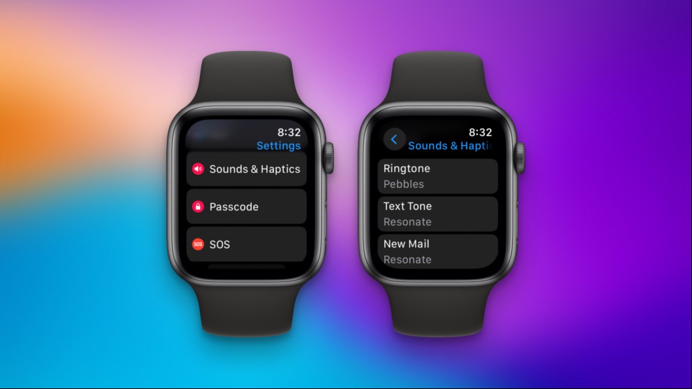 Two Apple Watch screenshots showing the Settings app and the Sounds & Haptics settings page.