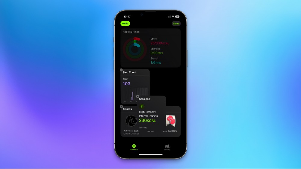 The Fitness app in iOS 18, showing a card being reordered.