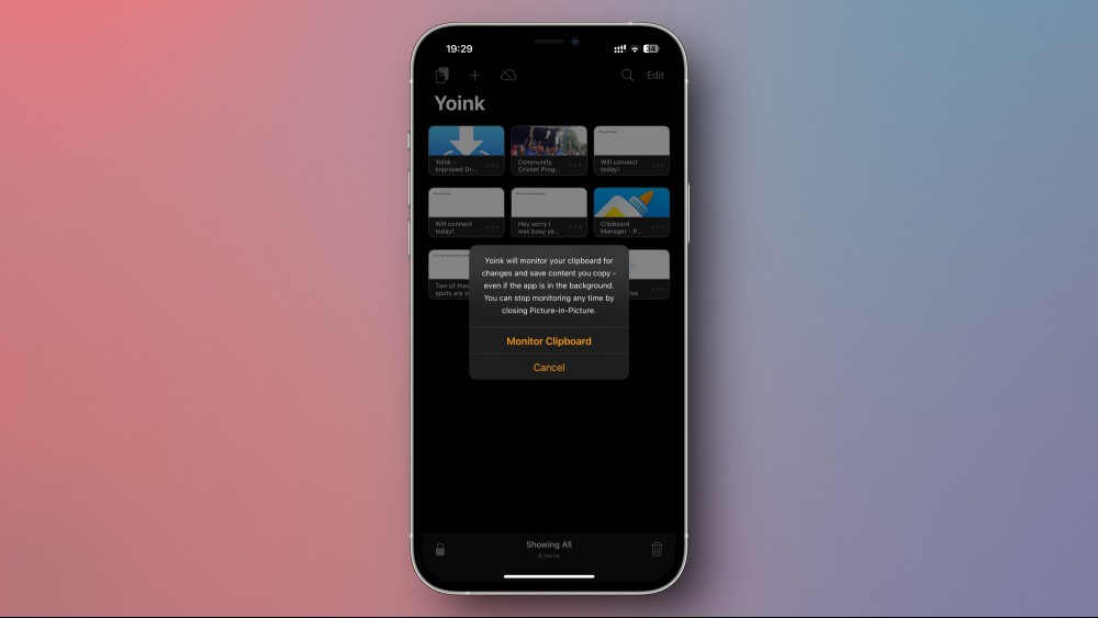 Yoink asking for permission to monitor your iPhone's clipboard.