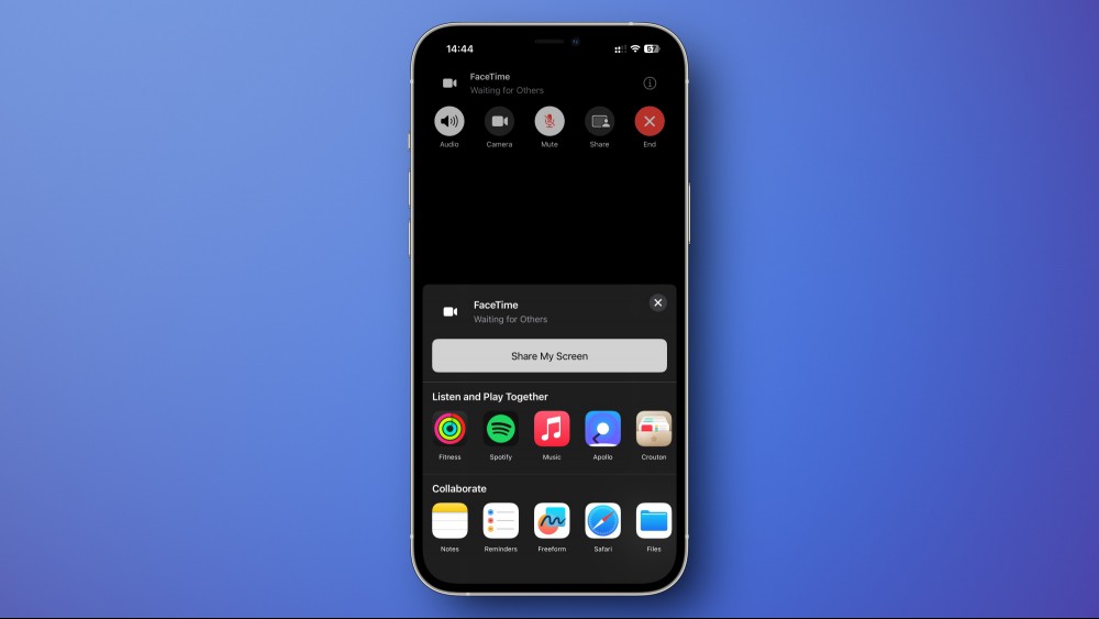 The Share My Screen button in the share sheet on an iPhone, during a FaceTime call.