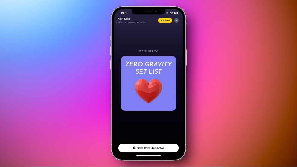 A custom playlist cover titled, "Zero Gravity Set List," with a blue background and a red heart created in the Denim app for iPhone.