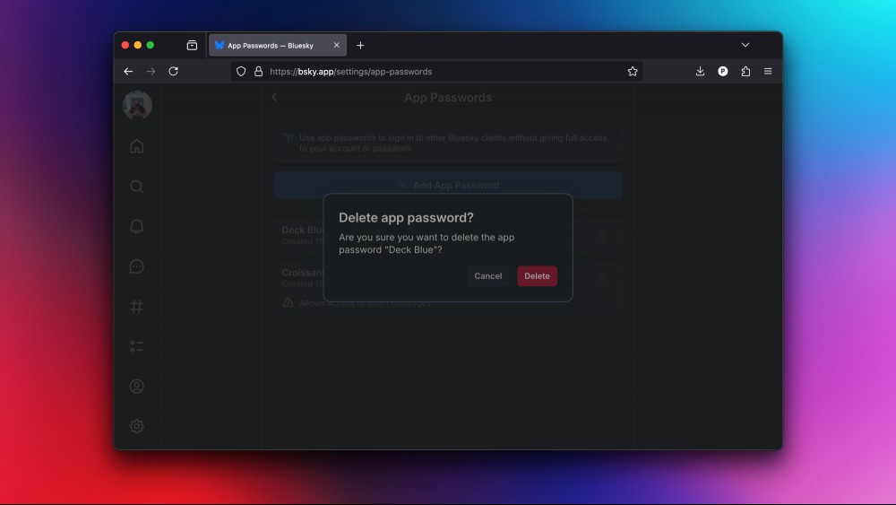 A browser window showing the confirmation window for deleting an app password in Bluesky.