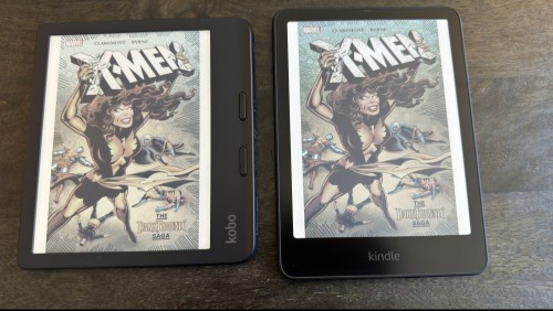 An 'X-Men' comic on the Kobo Libra Colour (left) and Kindle Colorsoft (right)