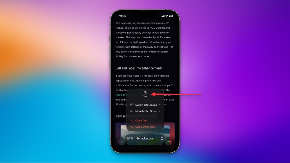 The copy URLs button in iOS 26 Safari.