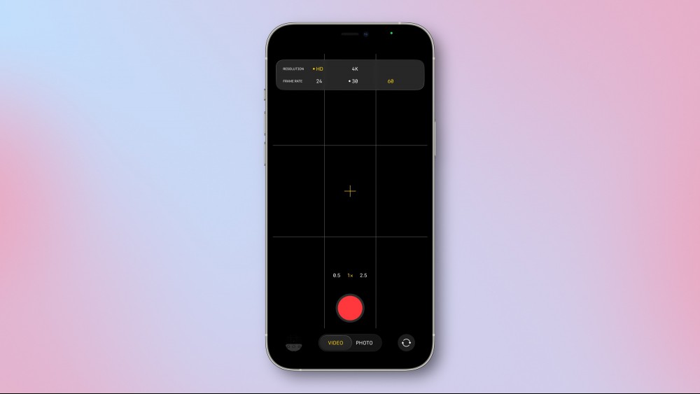 The Camera app in iOS 26 with video resolution tweaks open.
