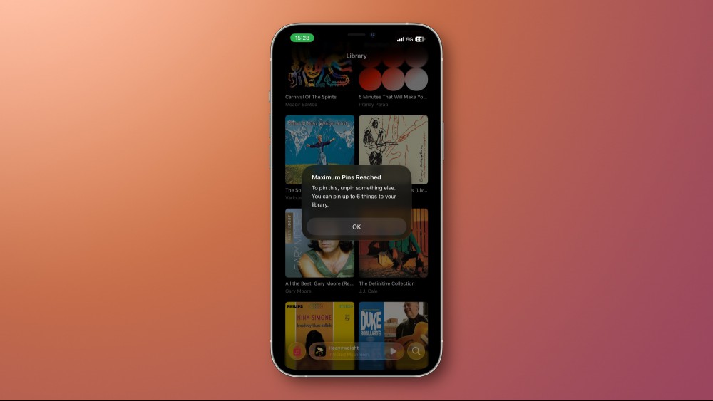 Apple Music in iOS 26 with a message that says the maximum of six pins has been reached.