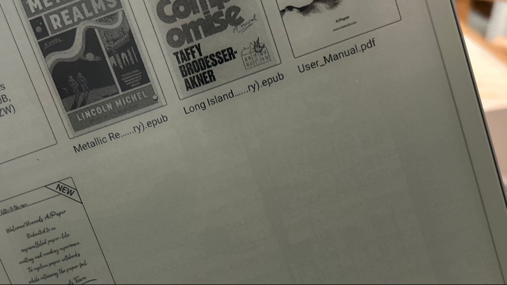 A photo showing the problem of ghosting, with an afterimage visible on the file selection screen in the "Learning" app