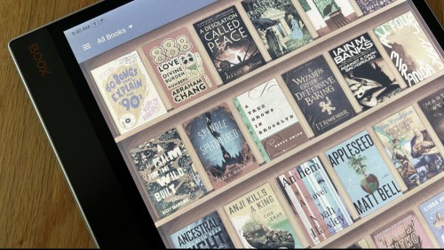 A grainy color image of book covers in the Moo Reader app