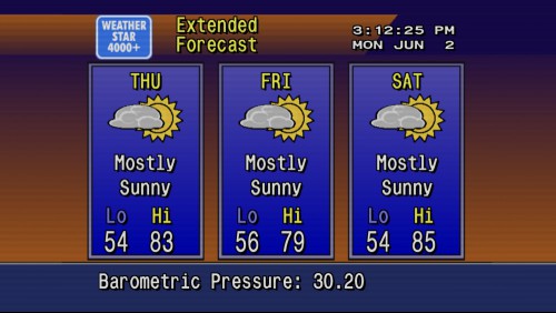 Forecasts for Thursday, Friday, and Saturedy are shown in this vintage-looking forecast.