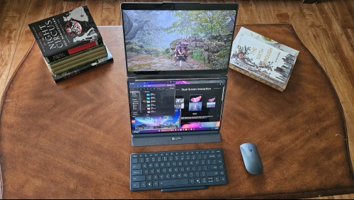 The Lenovo Yoga Book 9i in portrait mode.
